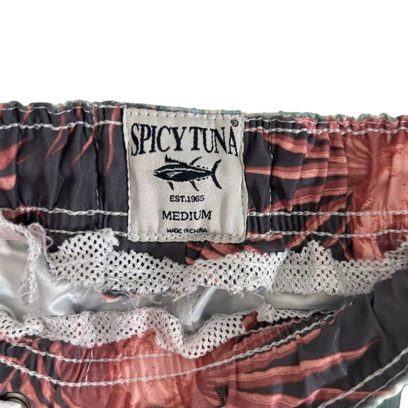 Spicy Tuna Swim Shorts Mens Size Medium Pockets Tropical Print White Green - Picture 6 of 7